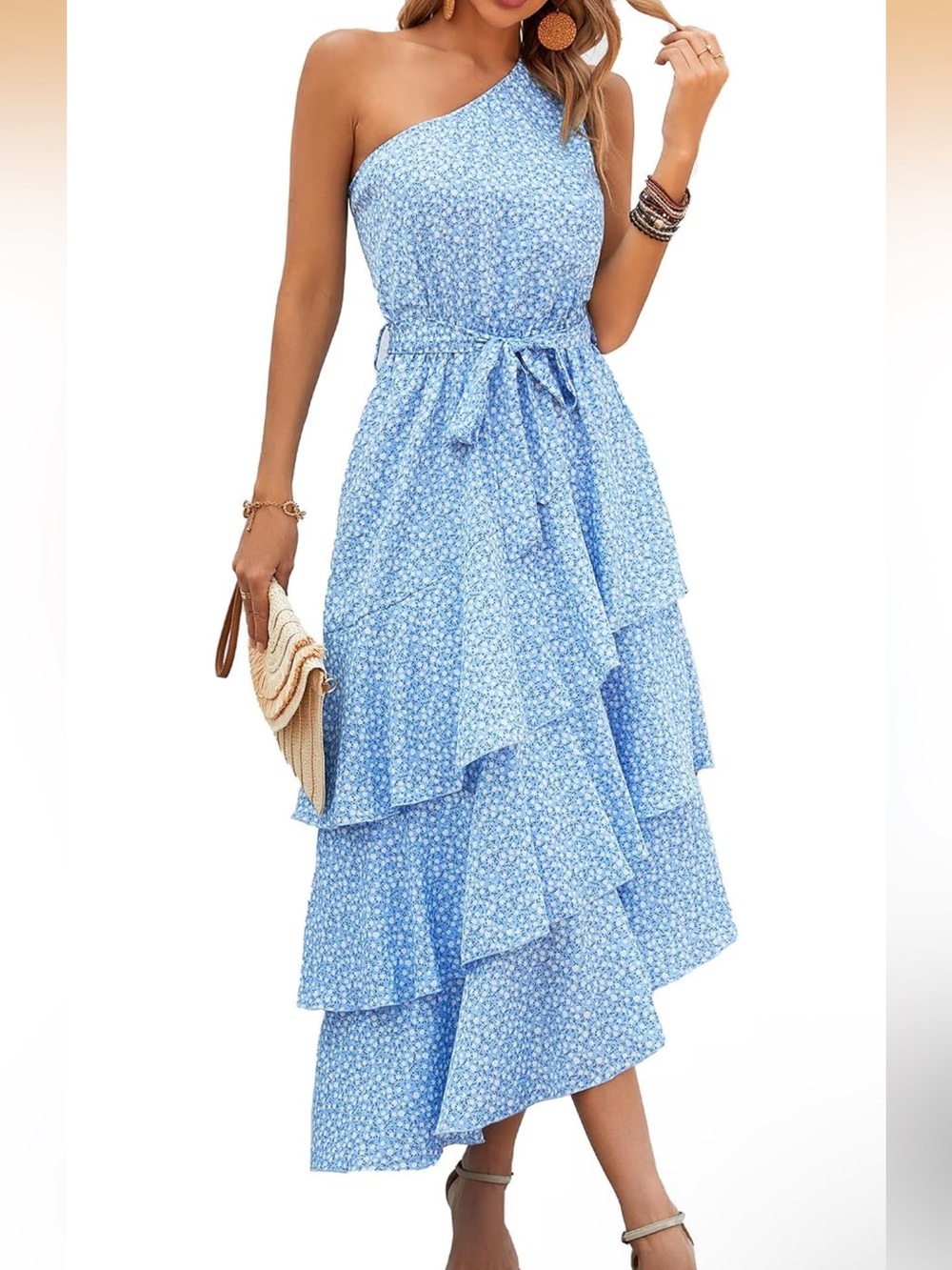 One-Shoulder Light Blue Floral High-Low Ruffle Skirt